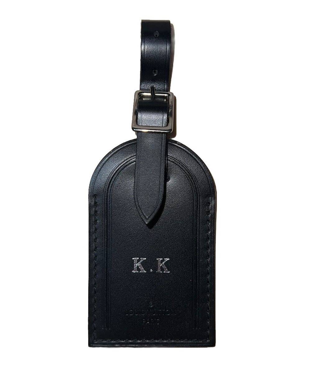 Louis Vuitton Paris Black Leather Name Tag Silver tone Metal w/ KK Stamped